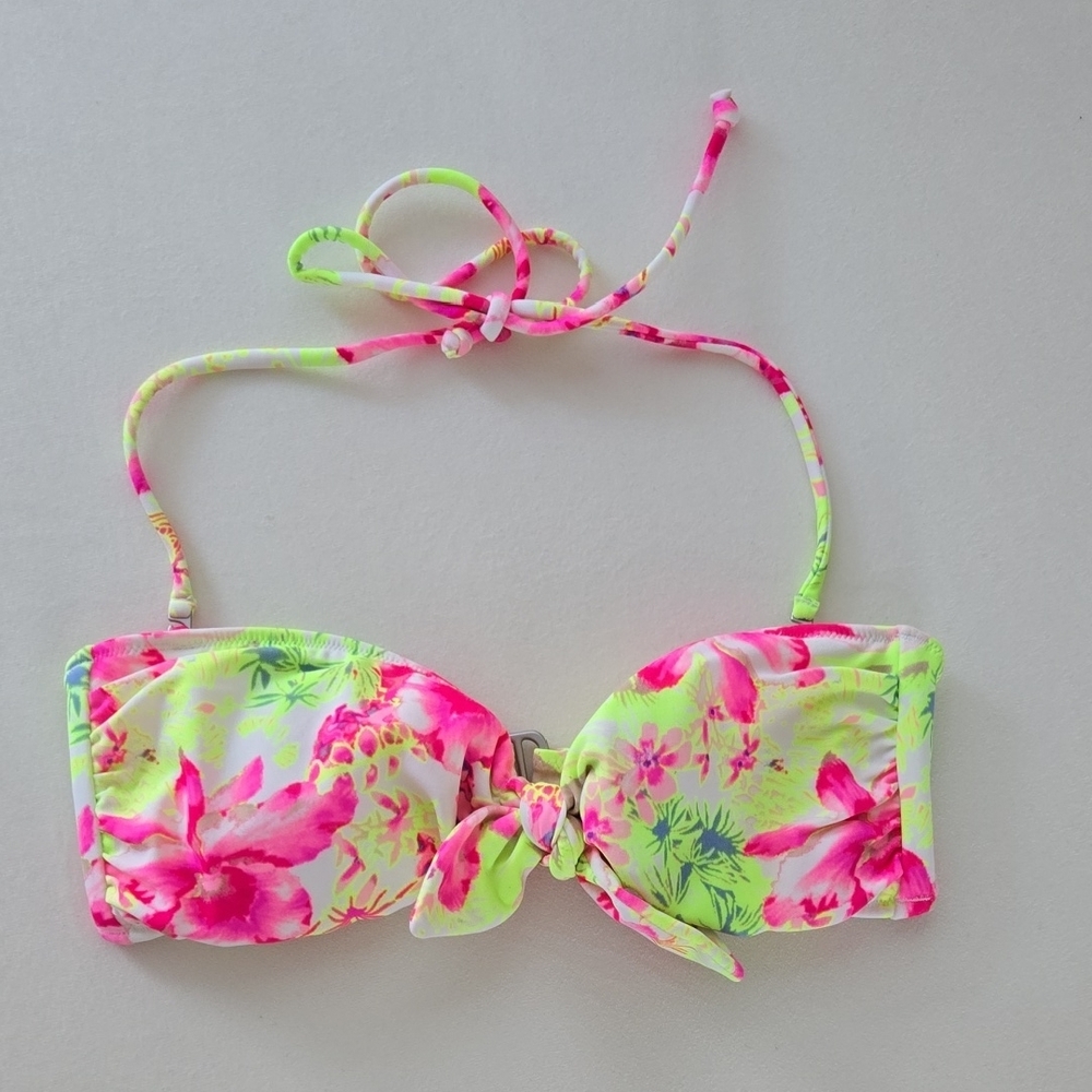 Floral Bikini Top with Pink and Green Accents